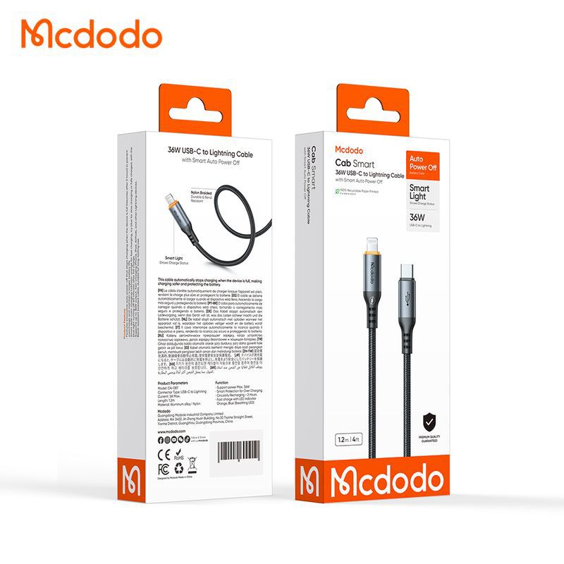 کابل شارژ سریع هوشمند تایپ سی به لایتنینگ 36 وات قطع کن اتومات مک دودو مدل MCDODO CA-0870 طول 1.2متر