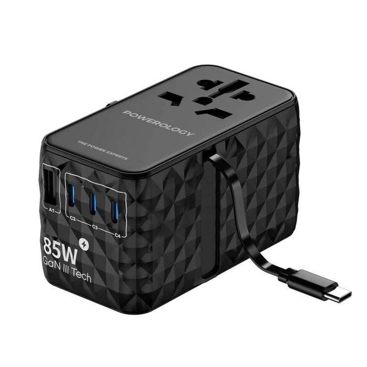 شارژر چندکاره Powerology GaN مدل PWC026 با کابل Type-C جمعشونده (85W PD) Powerology Universal GaN 85W Super Charger