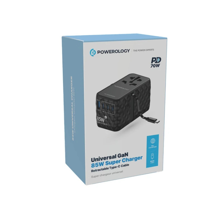 شارژر چندکاره Powerology GaN مدل PWC026 با کابل Type-C جمعشونده (85W PD) Powerology Universal GaN 85W Super Charger