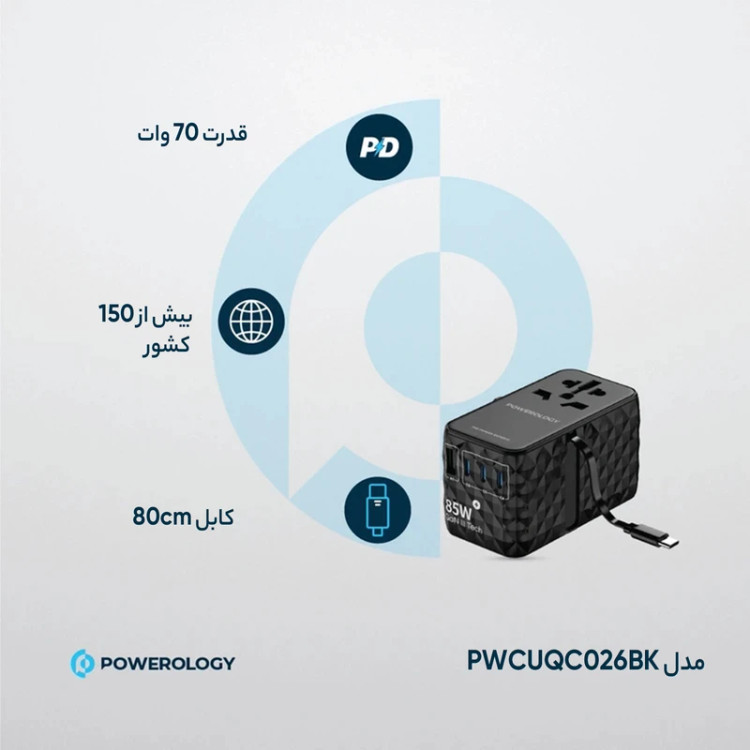 شارژر چندکاره Powerology GaN مدل PWC026 با کابل Type-C جمعشونده (85W PD) Powerology Universal GaN 85W Super Charger
